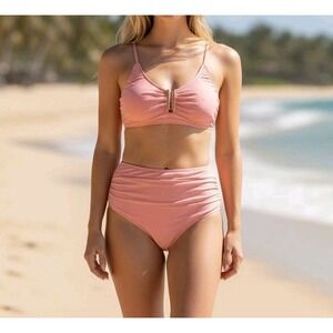 2 Piece Sz Large Bandeau Bikini Gold Metal Accent Melon/Peach